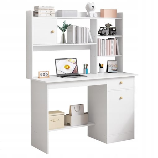 Biurko komputerowe białe loft z 7 półkami