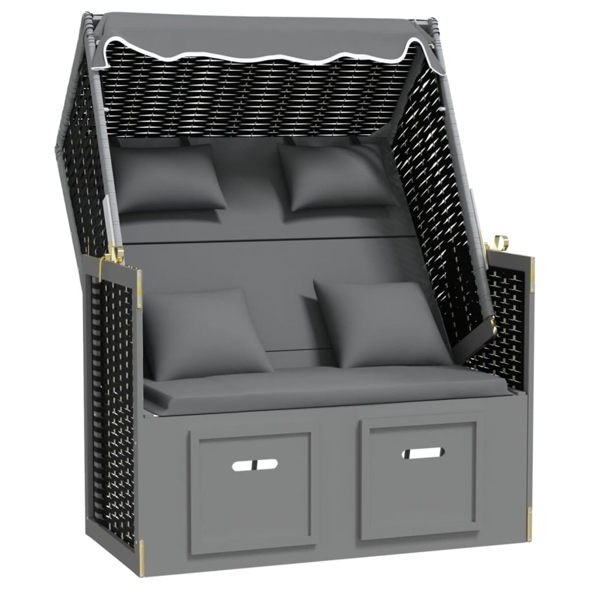 vidaXL Kosz plażowy z poduszkami, rattan PE i drewno, czarny-antracyt