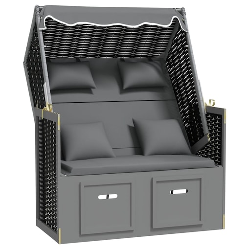 vidaXL Kosz plażowy z poduszkami, rattan PE i drewno, czarny-antracyt