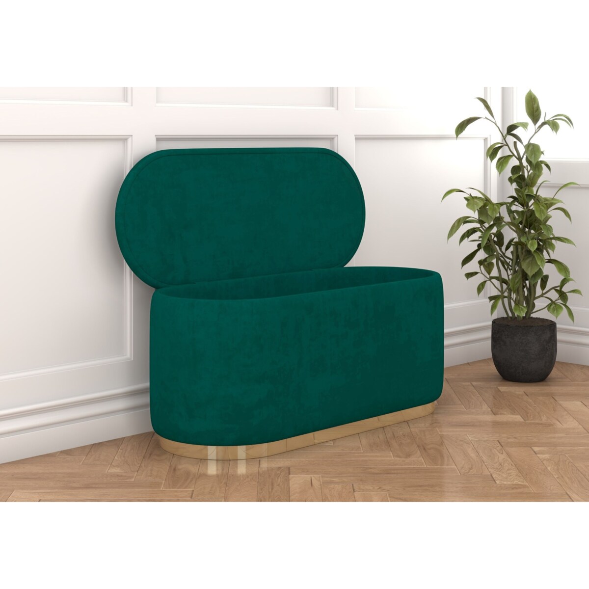 Tapicerowany owalny puf ze schowkiem Dancan SCARLETT na złotej podstawie / szer. 110 cm / zielony