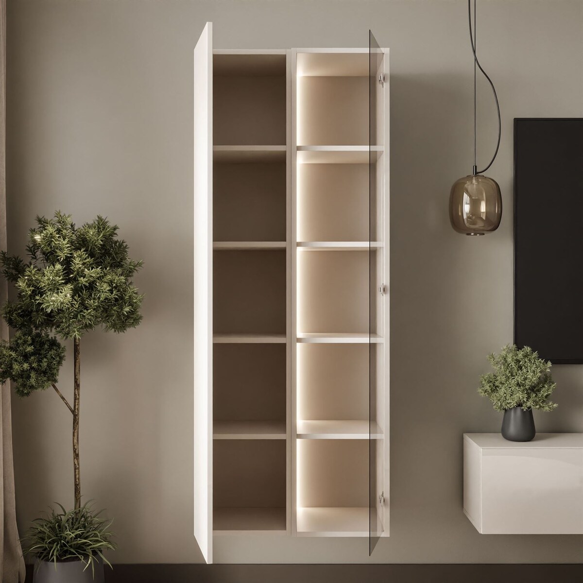 Podwieszana witryna CARMEN z oświetleniem LED, kaszmir