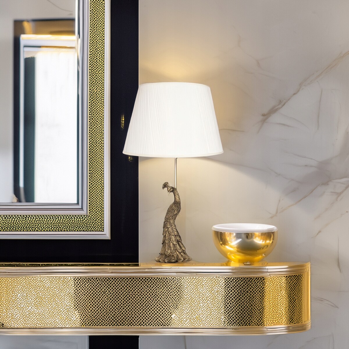 LAMPA STOŁOWA ZŁOTA PAW PTAK BIURKOWA NOCNA E27 glamour do salonu sypialni