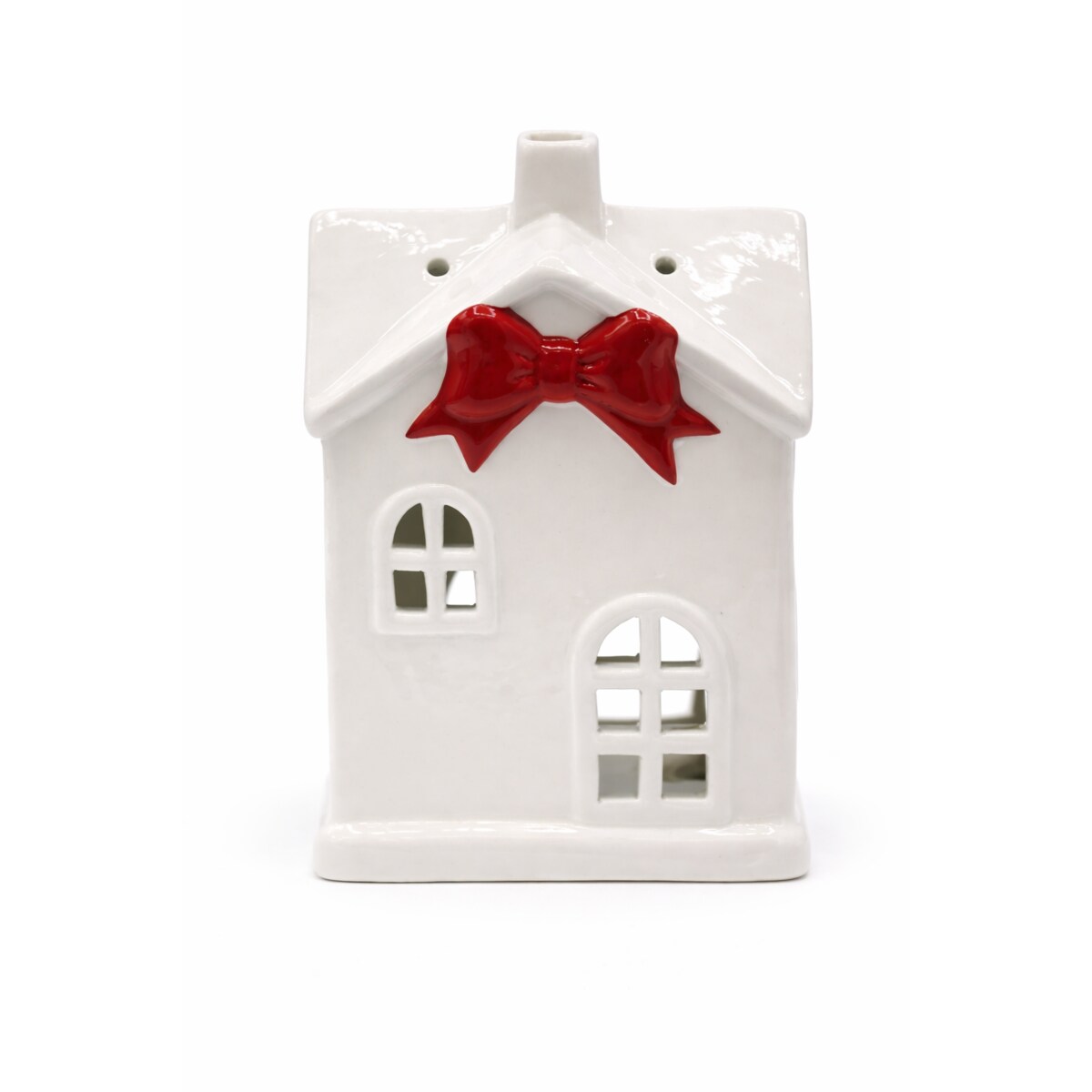 Ceramiczny domek na tea-lighty 17x11,5 x9 cm z czerwoną kokardą