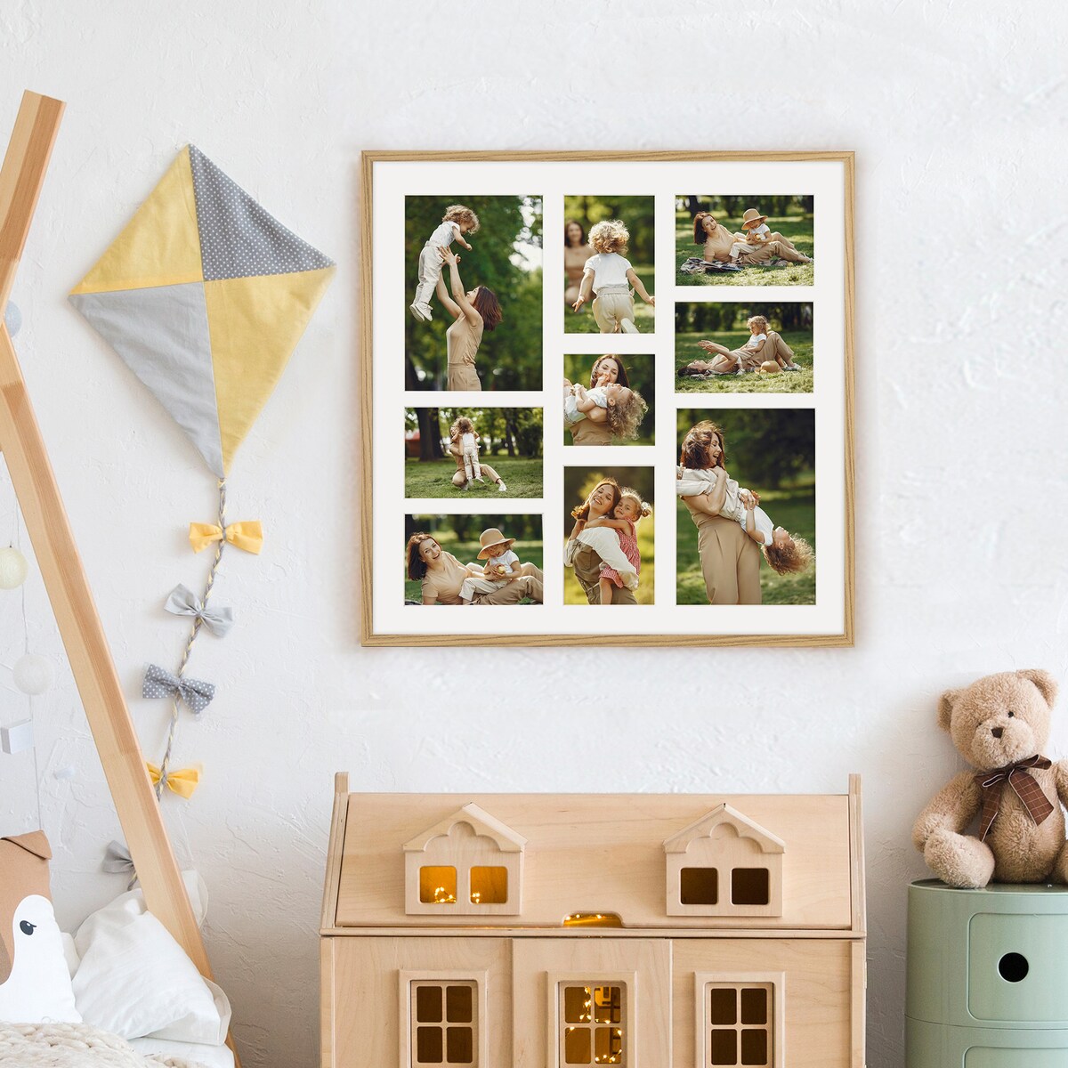 Ramka na zdjęcia 1x 10x10 6x 10x15 2x 15x21 dębowa galeria na 9 zdjęć multirama 50x50 FRAMAI