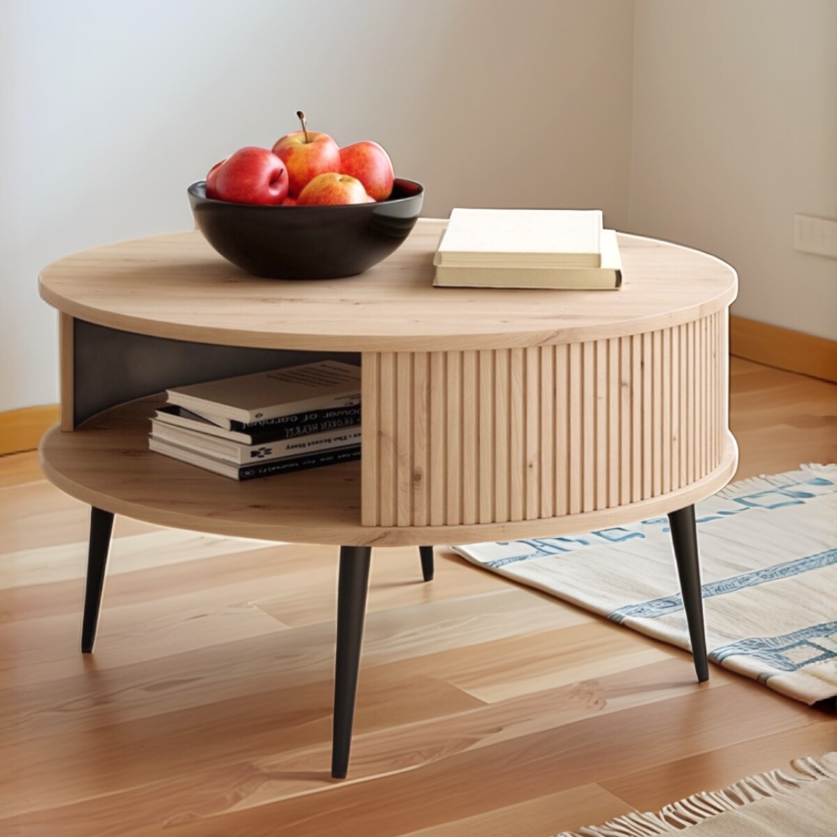 Nowoczesny Stolik Kawowy Lamele DĄB ARTISAN Ø 76 cm VERLO + Czarne Nogi