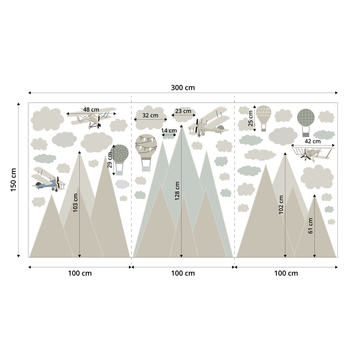 NAKLEJKI ŚCIENNE DLA DZIECI BEŻOWE GÓRY SAMOLOTY BALONY RETRO ZESTAW