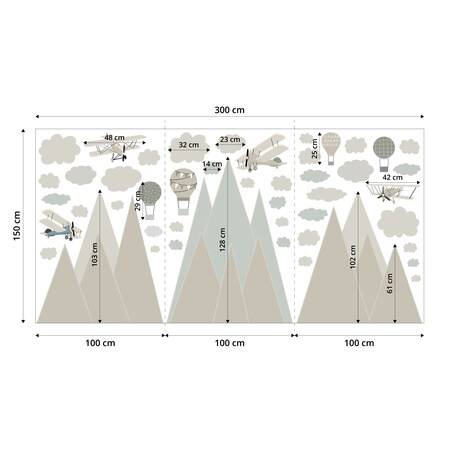 NAKLEJKI ŚCIENNE DLA DZIECI BEŻOWE GÓRY SAMOLOTY BALONY RETRO ZESTAW