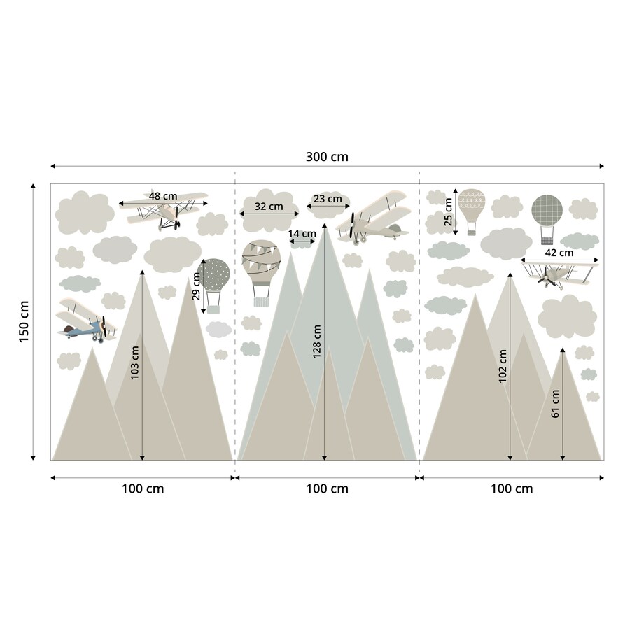 NAKLEJKI ŚCIENNE DLA DZIECI BEŻOWE GÓRY SAMOLOTY BALONY RETRO ZESTAW