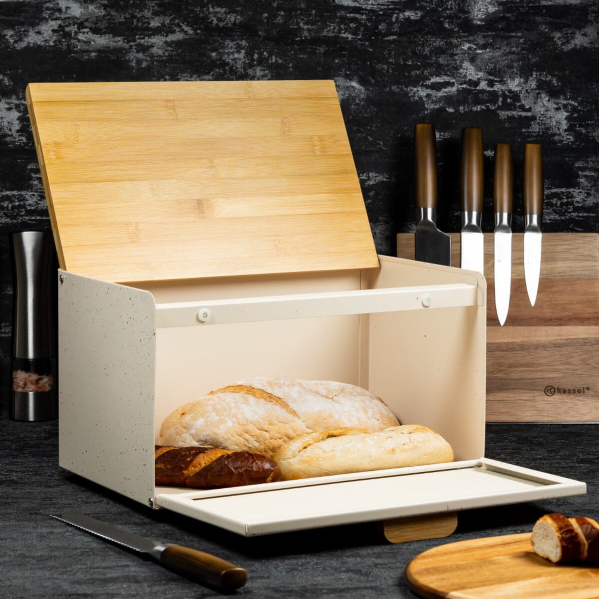Chlebak stalowo-drewniany dwustronny kremowy KLAUSBERG
