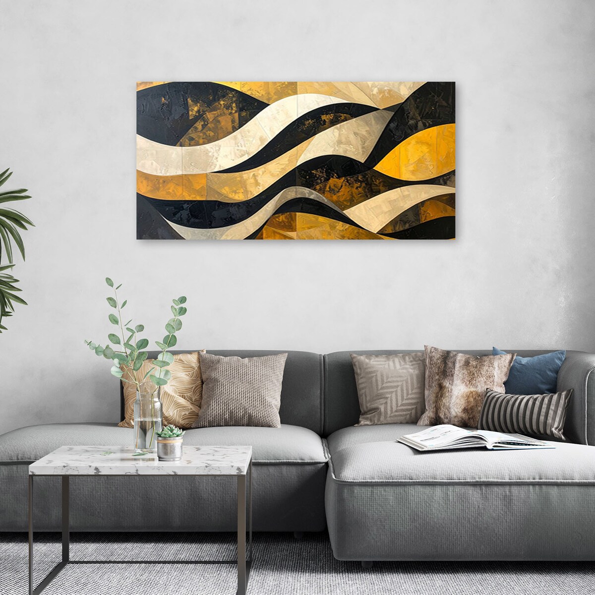 Obraz do salonu sypialni biura loftu, Abstrakcja linie kształty zółty czarny złoty
