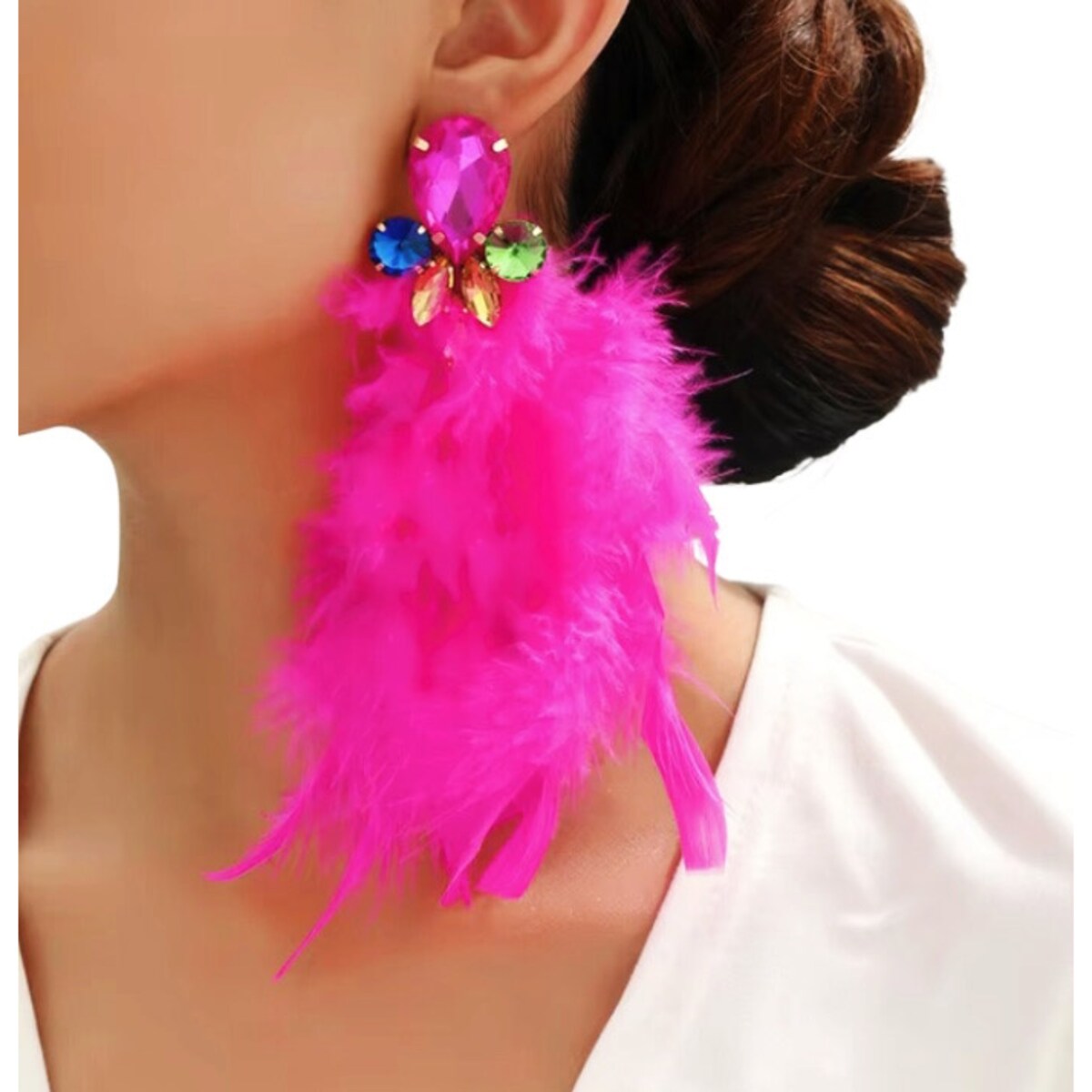 KOLOROWE kolczyki złote długie wiszące z cyrkoniami PIÓRAMI tęczowe damskie