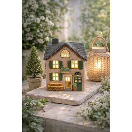 Ceramiczny domek na tea-lighty 17x13x8 cm SONAM różowy z zielonymi okiennicami