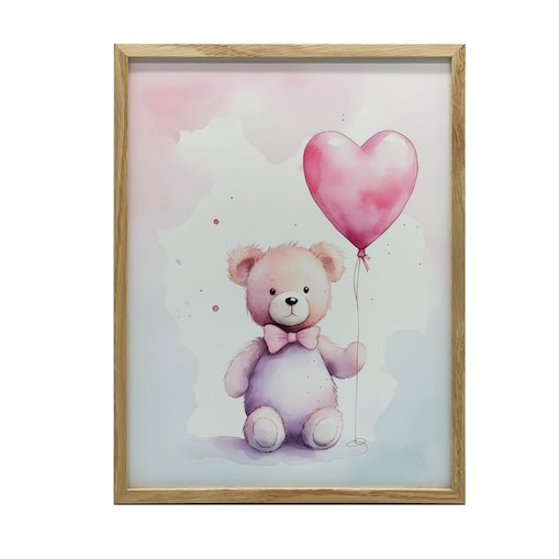 Miś z Balonem Serduszkiem, 40x50 cm, rama drewniana jasny dąb, papier matowy 230 gsm