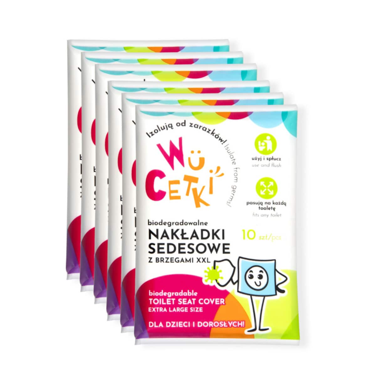 Jednorazowe papierowe nakładki na toaletę z wygodnymi brzegami XXL dla dzieci i dorosłych 6opak. po 10 szt., WuCetki