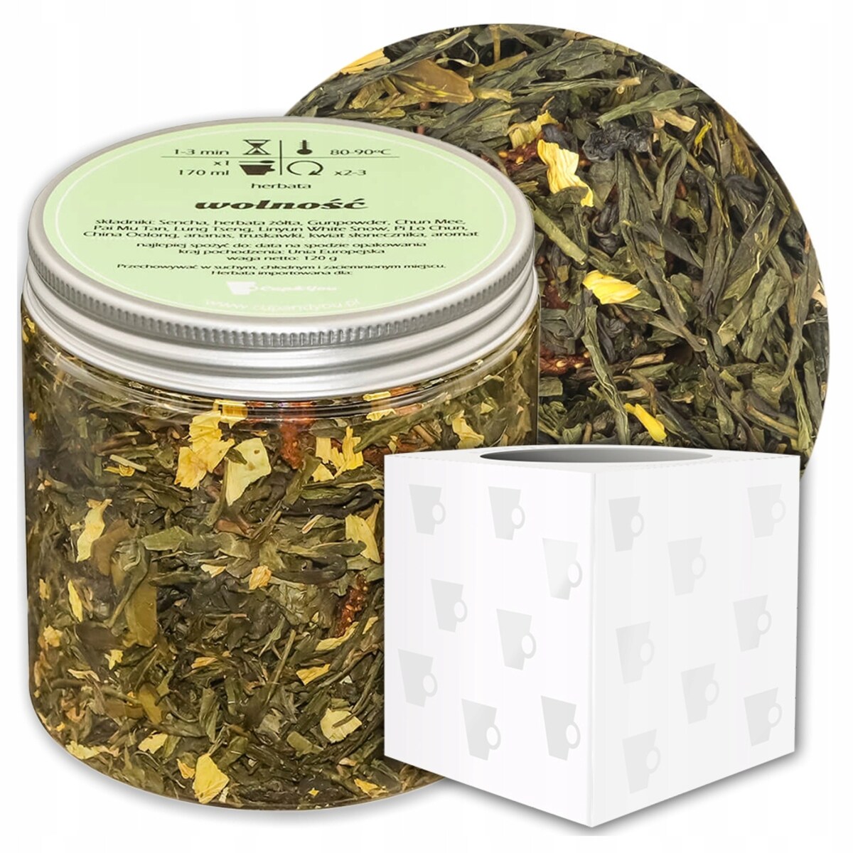 Herbata zielona sypana WOLNOŚĆ o smaku truskawek z nutą ananasu PREMIUM - herbata liściasta sypana mieszanka napar susz - gotowa na prezent upominek