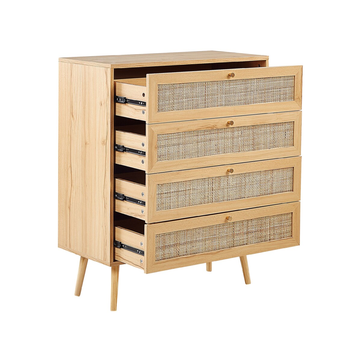 Komoda 4 szuflady fronty rattanowe jasne drewno PEROTE
