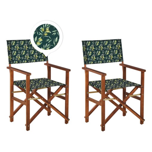 Zestaw 2 krzeseł ogrodowych akacjowy ciemne drewno z szarym / wzór w oliwki CINE