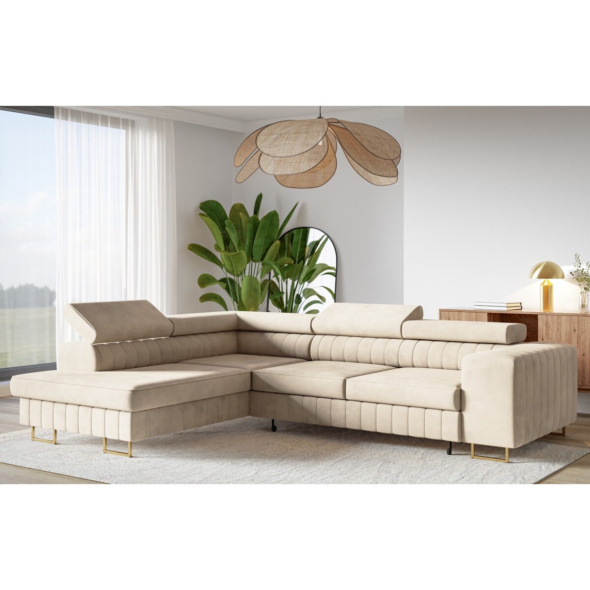 Narożnik NOLA do salonu, na złotych nogach-lewostronny-Matt Velvet beżowy