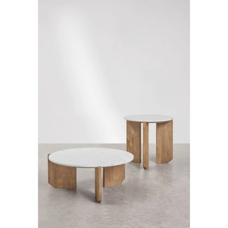 Komplet 2 stolików kawowych z białego marmuru i drewna mango Lavinia