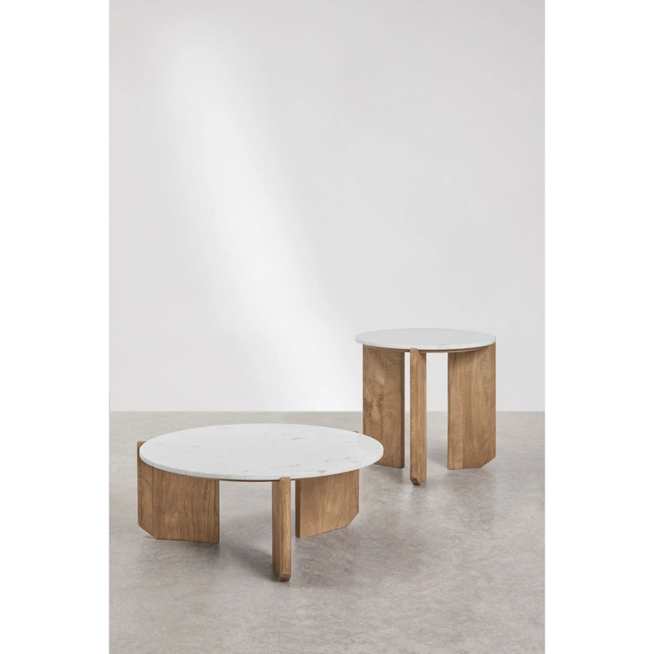 Komplet 2 stolików kawowych z białego marmuru i drewna mango Lavinia