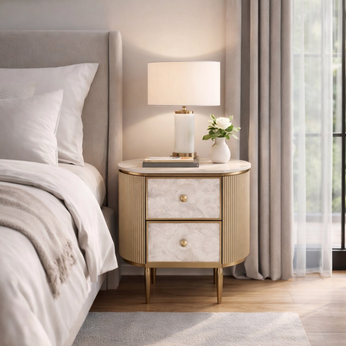 Złota szafka nocna glamour Champion z muszlami i spiekiem 55x40x55