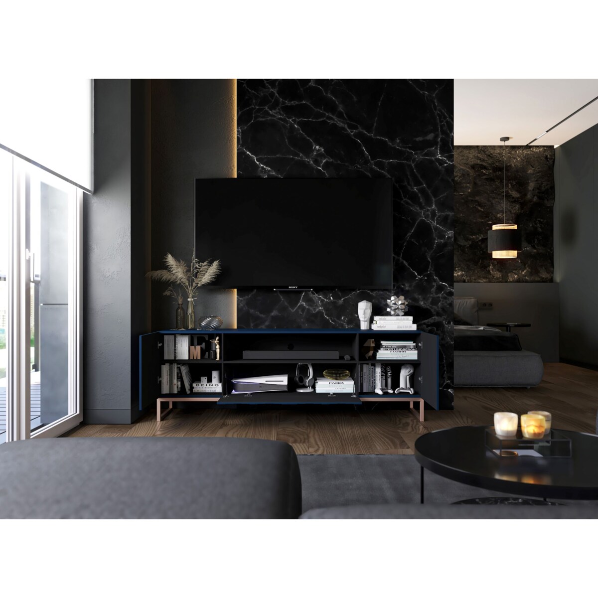 Nowoczesna Szafka RTV Glamour Komoda RTV Glamour Granatowy Mat 150 cm