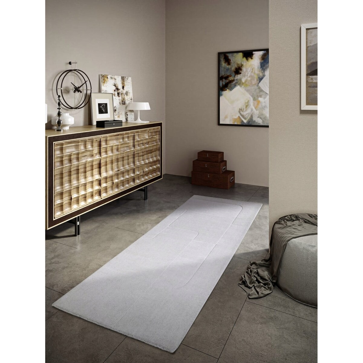Chodnik wełniany do korytarza 80x250cm, kremowy nowoczesny wzór 3D