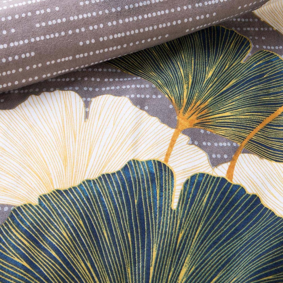 Pościel flanelowa 220x200 Solenne Dark szara, liście miłorzębu, Flanelove