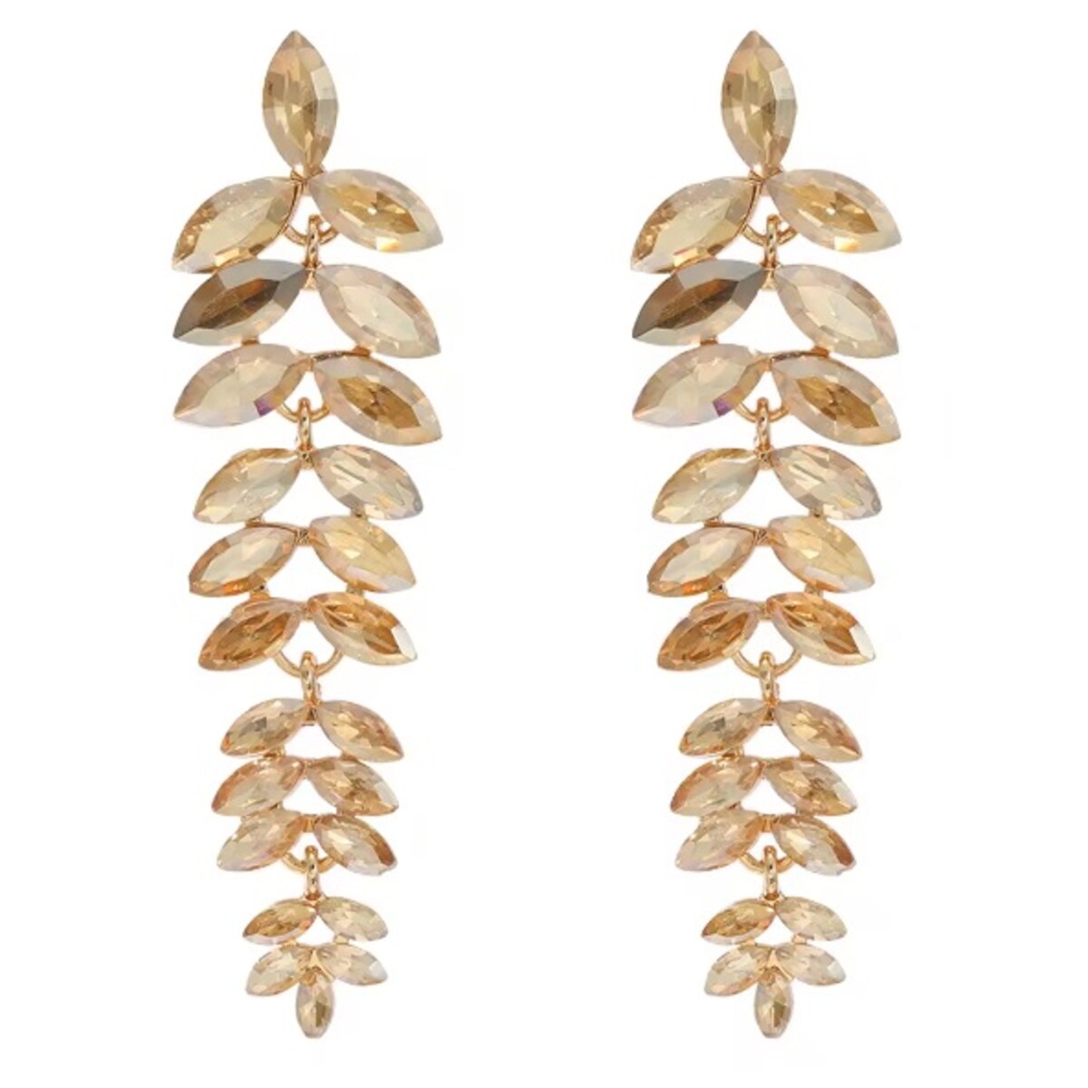 Kolczyki złote champagne listki długie z cyrkoniami w złotej oprawie