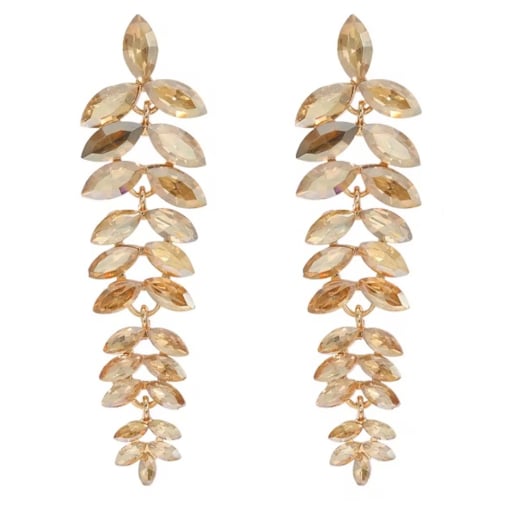 Kolczyki złote champagne listki długie z cyrkoniami w złotej oprawie