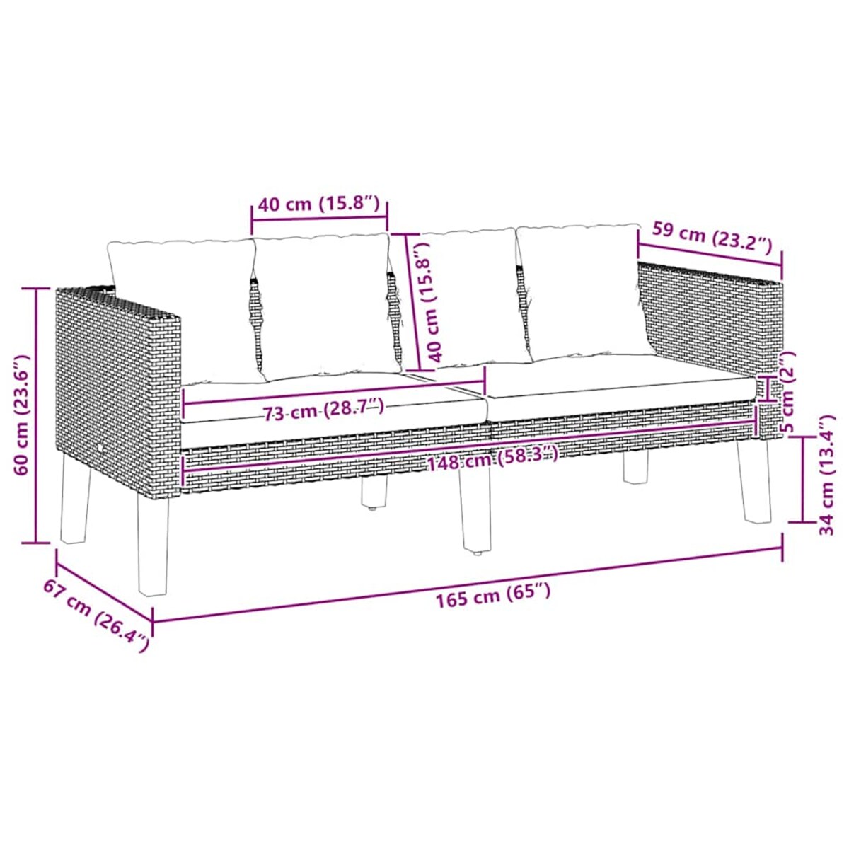vidaXL 2-osobowa sofa ogrodowa z poduszkami, rattan PE, czarny