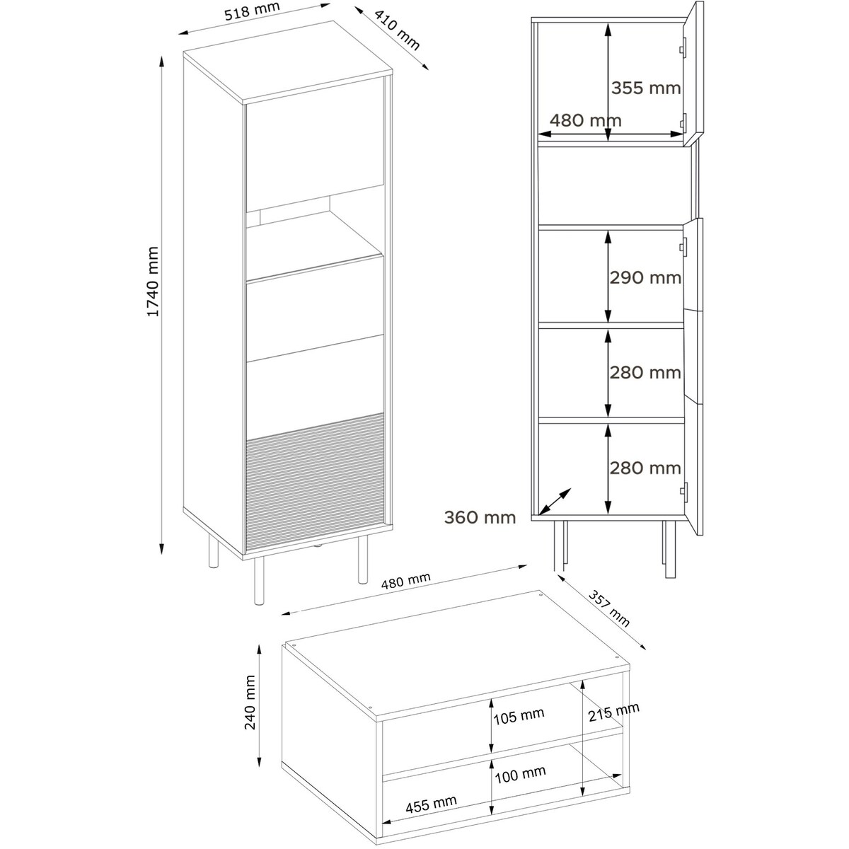 KONSIMO LOFTY Wysoki regał z ryflowaniem