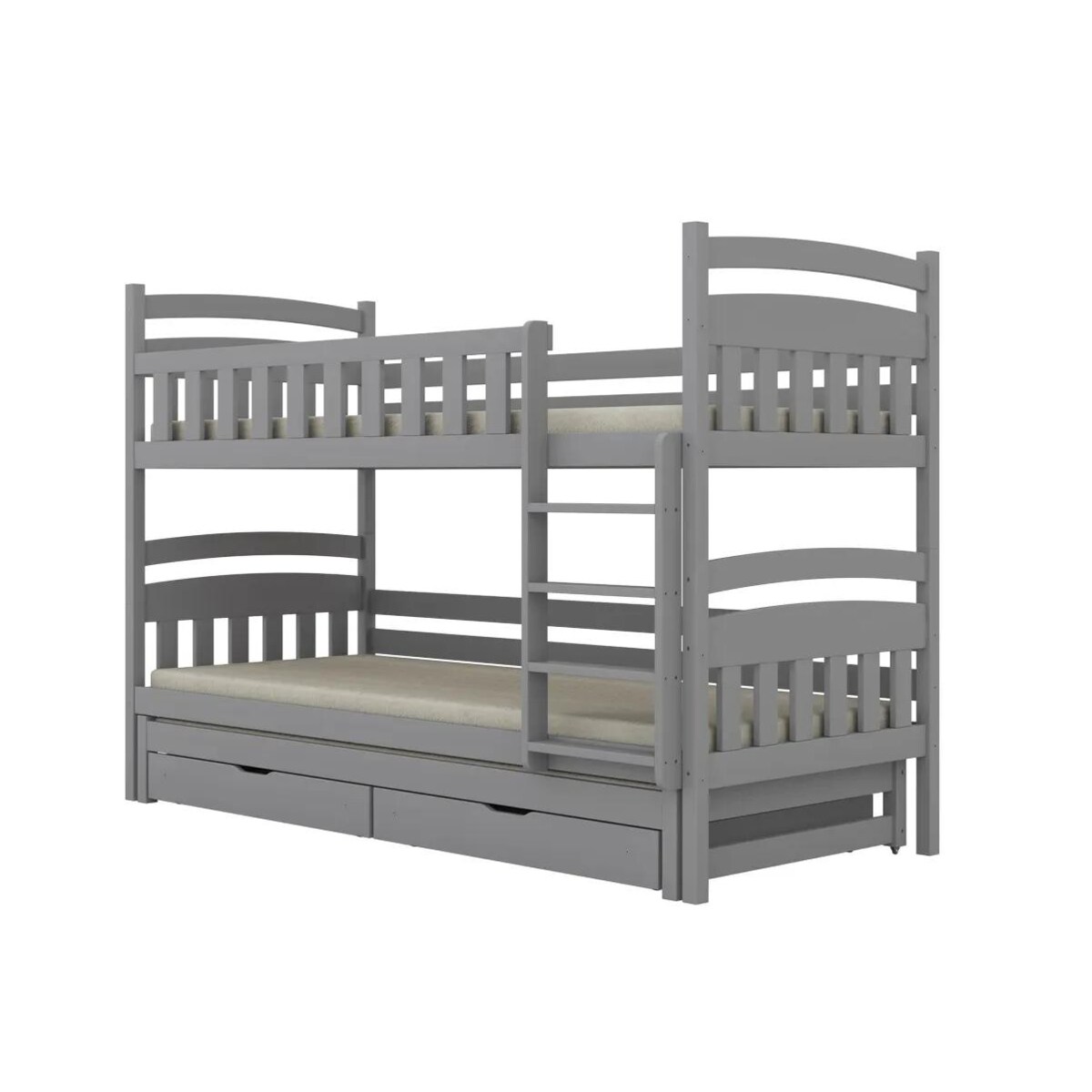 Łóżko piętrowe JULITA 200x90 szare drewniane trzyosobowe z szufladami