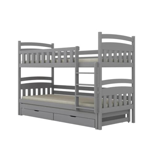 Łóżko piętrowe JULITA 200x90 szare drewniane trzyosobowe z szufladami