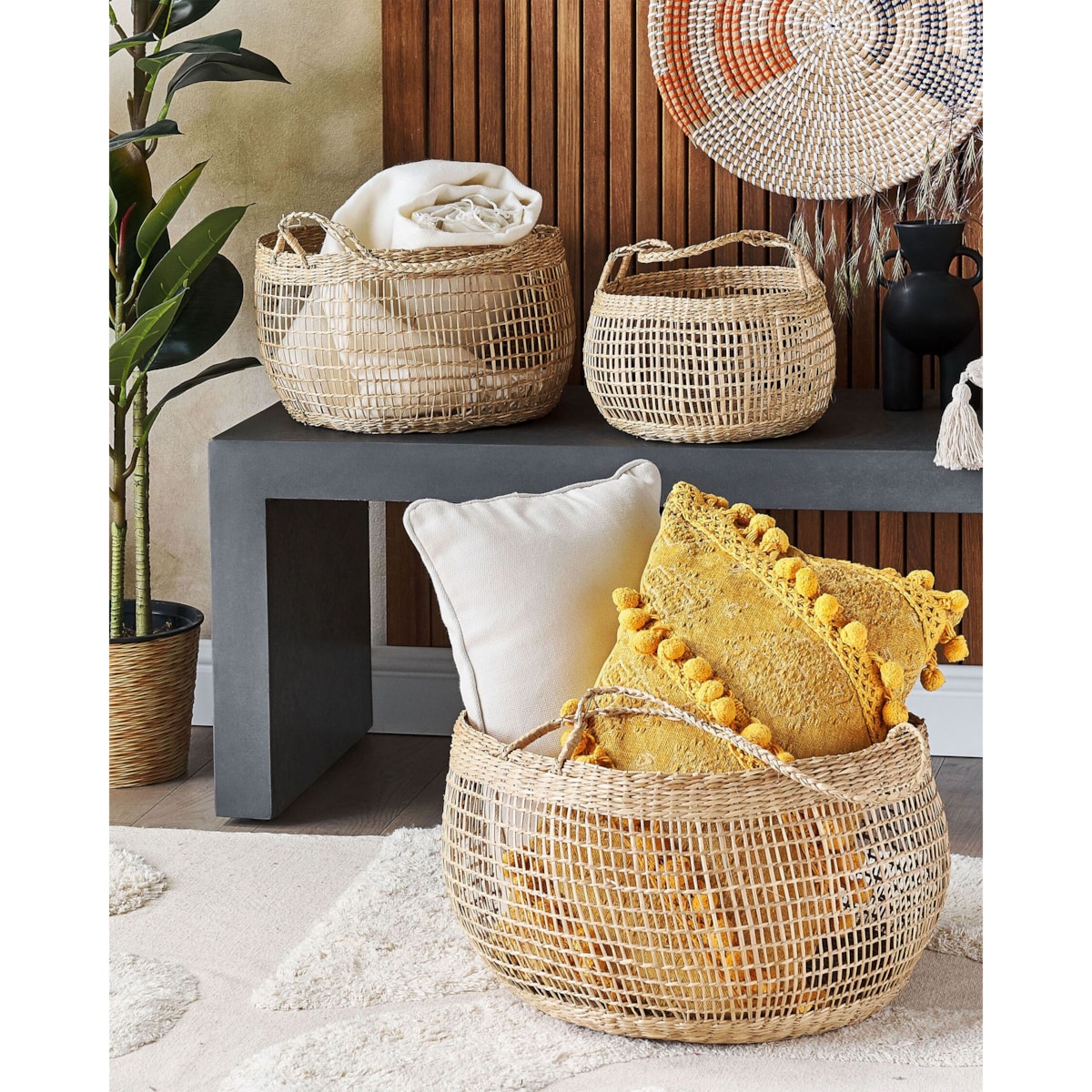 Zestaw 3 koszy z trawy morskiej naturalny ARAPAIMA