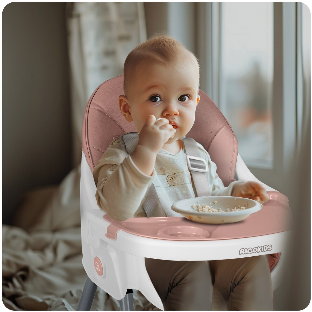 Krzesełko do karmienia dla dzieci Ricokids Mani różowe 3w1 regulowane fotelik tacka