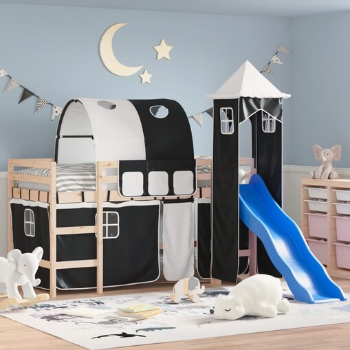 vidaXL Dziecięce łóżko na antresoli, z wieżą, biało-czarne, 90x200 cm