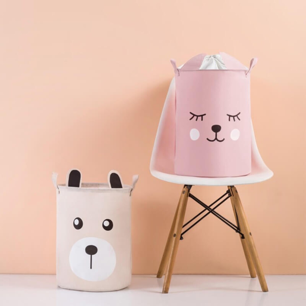 bawełniany kosz na zabawki sipo, zamykany na ściągacz, różowy miś, xl