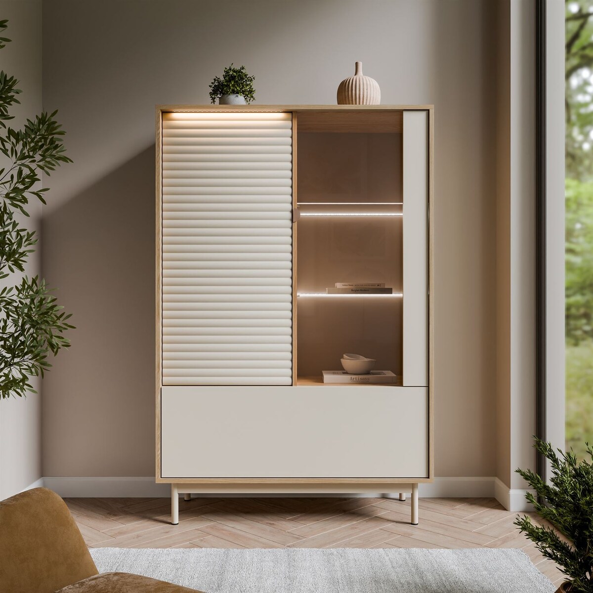 Witryna FLORENCE 2D1W z oświetleniem LED, dąb olejowany / kaszmir