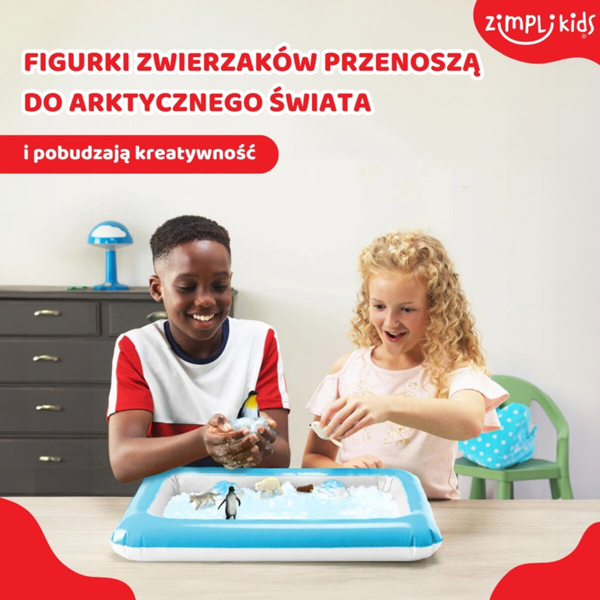 Sztuczny śnieg w proszku zestaw do tworzenia śniegu z figurkami zwierząt i nadmuchiwaną tacą Sno World Arctic Adventure 5 użyć 3+ Zimpli Kids