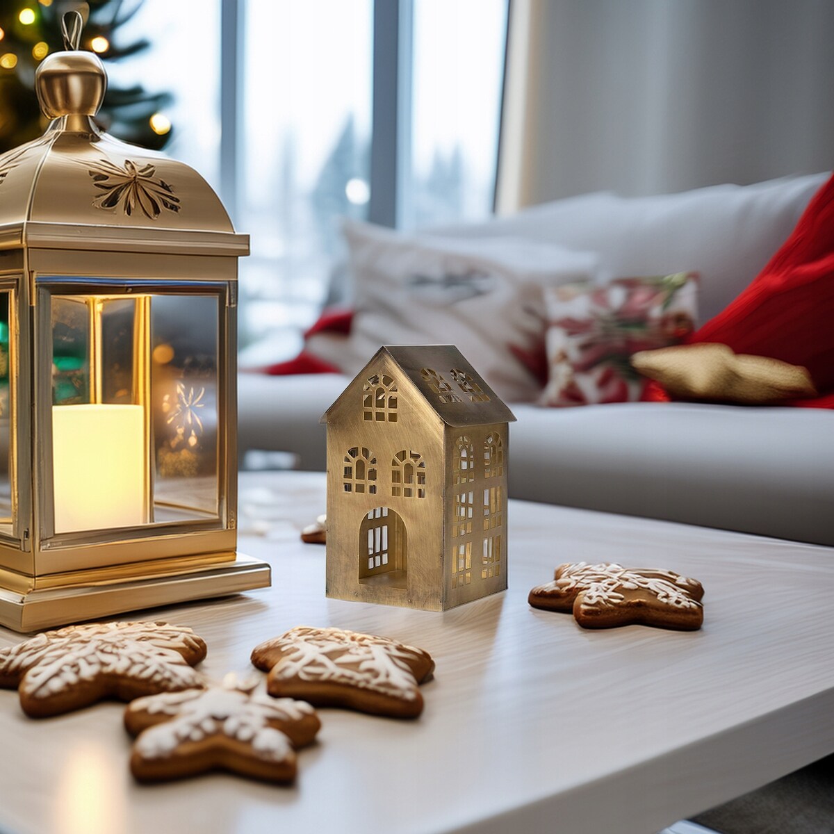 LAMPION ŚWIĄTECZNY DOMEK DOM METALOWY ZŁOTY LOFT TEALIGHT DO DOMU 21cm