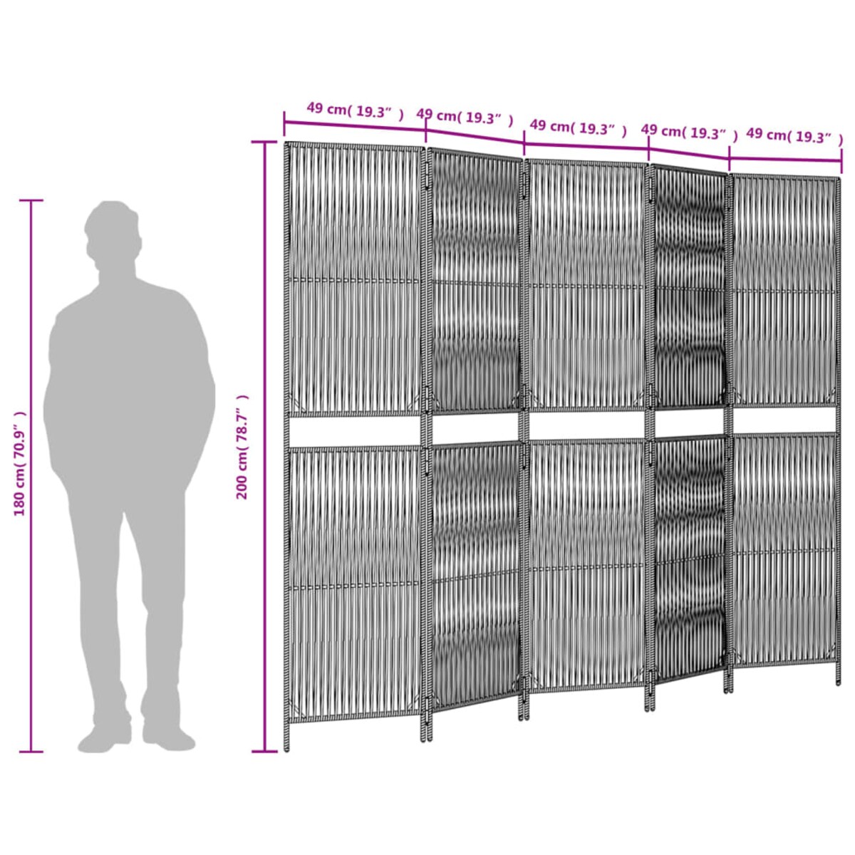 vidaXL Parawan 5-panelowy, czarny, polirattan