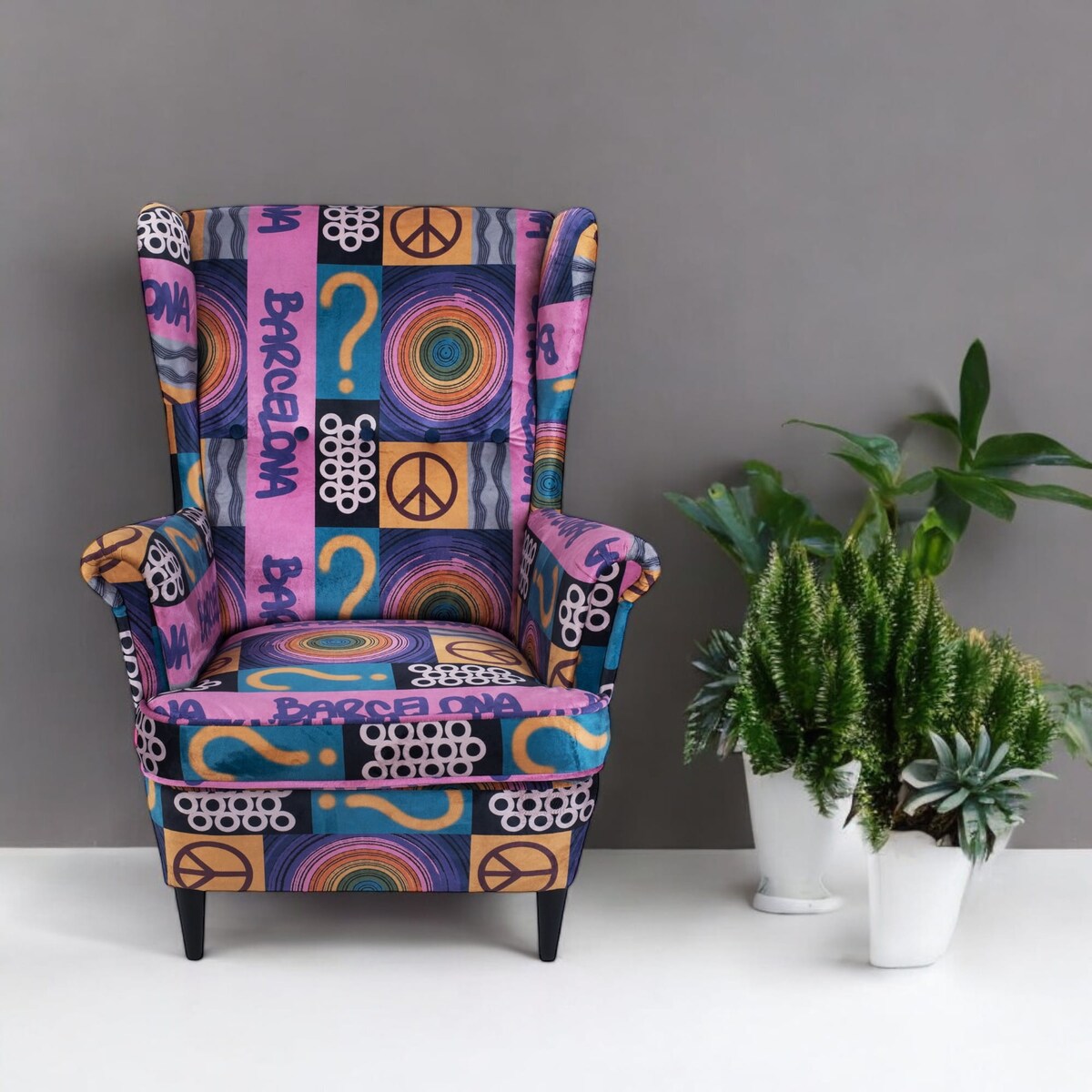 Fotel uszak Barcelona velvet – elegancki fotel wypoczynkowy do salonu i sypialni z autorskim wzorem