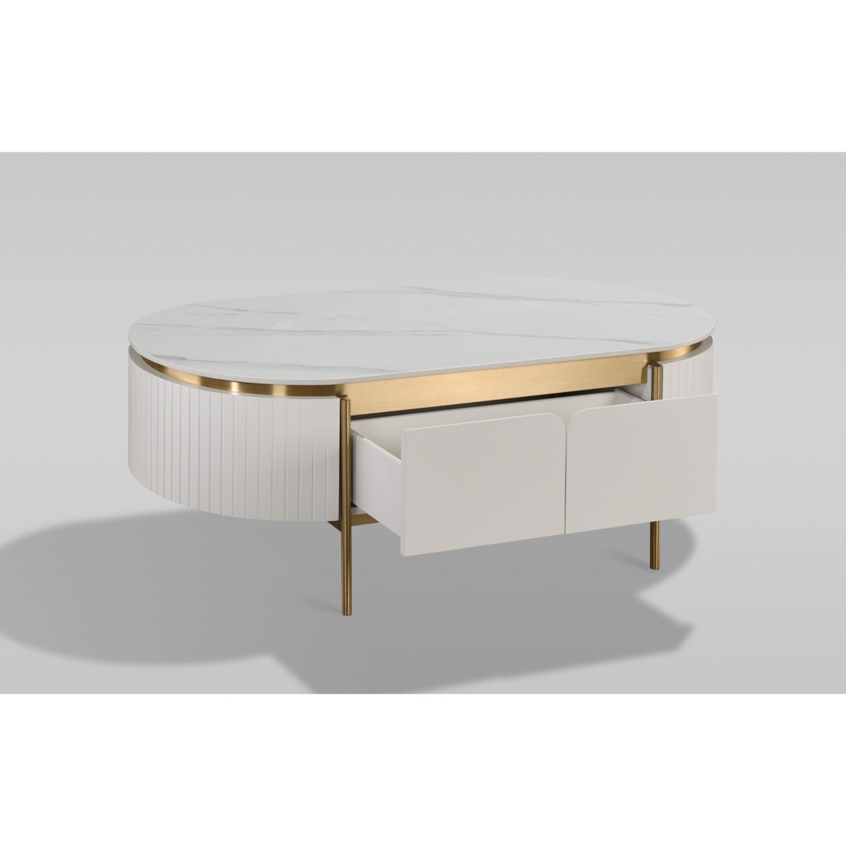 Owalny stolik kawowy glamour ecru Bueno ryflowany 122x70x45