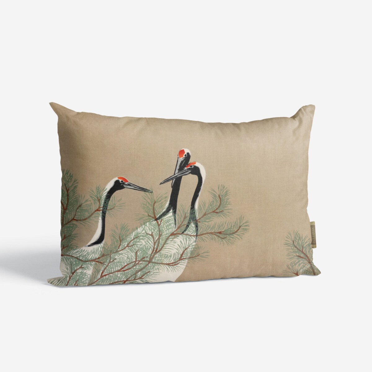 beżowa bawełniana poszewka na poduszkę - japońskie żurawie 40x60 cm