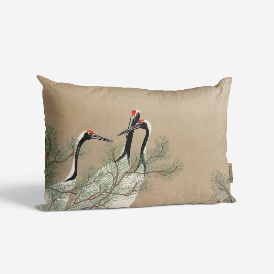 beżowa bawełniana poszewka na poduszkę - japońskie żurawie 40x60 cm