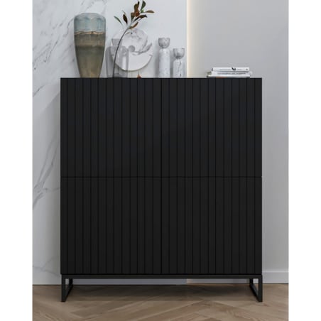 Komoda RTV Glamour Czarny MAT 112 cm Szafka RTV Nowoczesna Czarna Rama Loft Ryflowane fronty