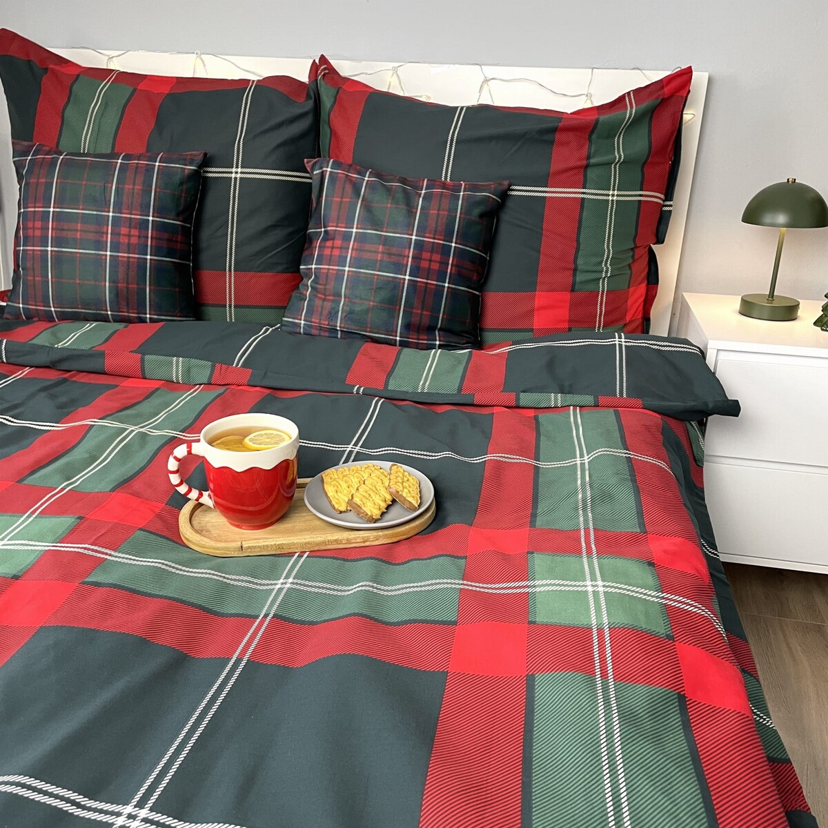 Pościel bawełniana satynowa świąteczna 140x200 CZERWONA ZIELONA KRATA SZKOCKA PREMIUM