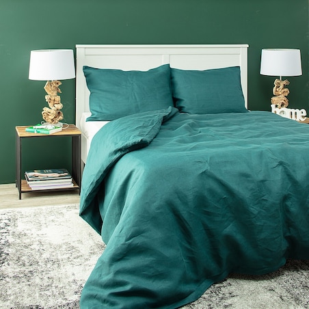 Komplet pościeli lnianej Linen 200x200cm emerald green, 200 x 200 cm/ 2 x 60 x 50 cm
