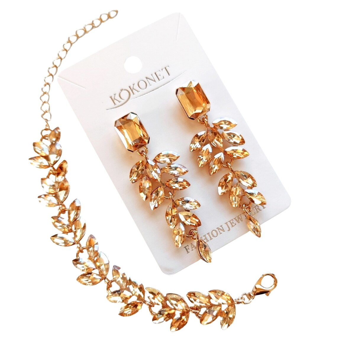 komplet biżuterii szampańskie cyrkonie champagne złoty kolczyki bransoleta